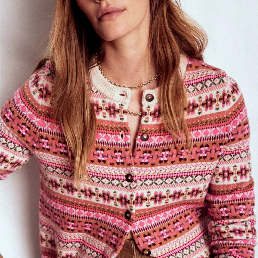 Boden Edie Fair Isle XL Pink Heritage Patterned Cardigan